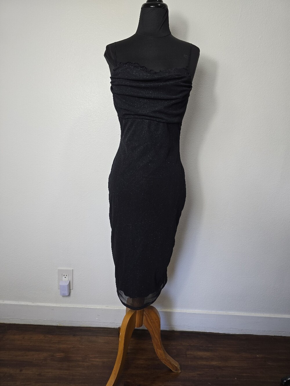 Vintage January 7 Black Midi Sheath Dress with Draped Bodice.
